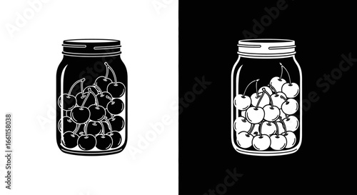 An outline style icon of a mason jar full of berries, a clean and modern design for packaging or a recipe blog.