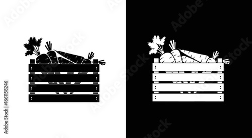 An outline style icon of a crate of carrots, a clean and modern design for a grocery store or organic food brand.