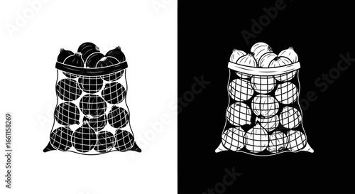 A mesh bag filled with potatoes, a black and white icon representing grocery shopping for staple root vegetables at the market.