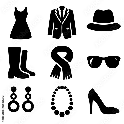 Fashion Essentials: A collection of stylish apparel and accessories in elegant silhouettes, highlighting various elements of sartorial art and style for a curated fashion collection.