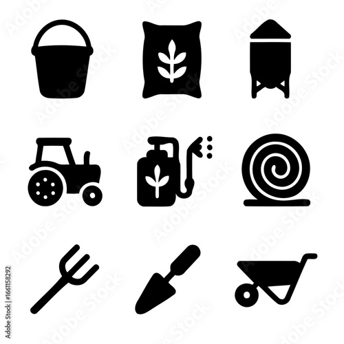 Farming Icons set: This graphic showcases a collection of farming icons, from essential tools like wheelbarrows and shovels to symbolic representations of agriculture.