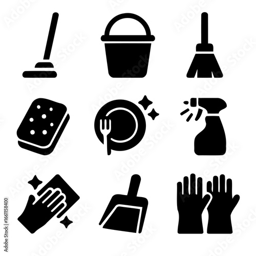 Cleanliness Essentials: A collection of essential tools, elegantly depicted in monochromatic silhouettes, ready to elevate your design and bring visual balance.