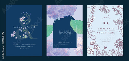 sweet elegant Blue botanical Wedding Invitation, floral invite thank you, rsvp modern card Design in leaf and flower water color texture decorative Vector elegant rustic template