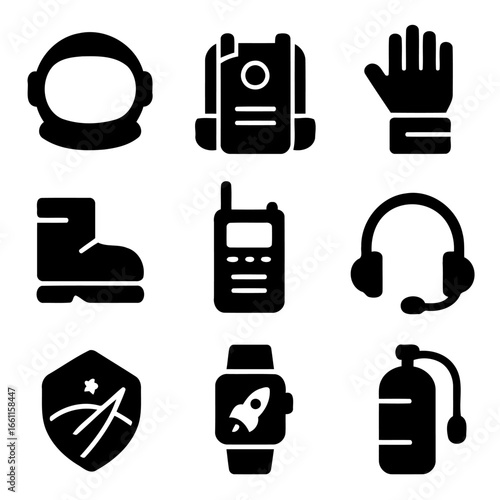 Astronaut Gear Icon Set: A curated collection of meticulously crafted astronaut gear icons, elegantly presented in a modern, minimalist style, perfect for space exploration.