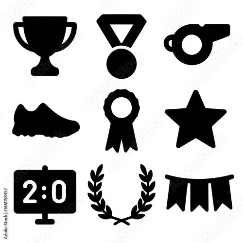 Sports Icons Collection: A curated set of monochromatic icons representing a spectrum of sporting elements, ideal for graphic design projects related to athletic events, competitions, and achievement.