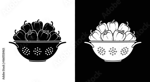 An outline style icon of a colander with fresh berries, a clean and modern design for a culinary or cooking blog.