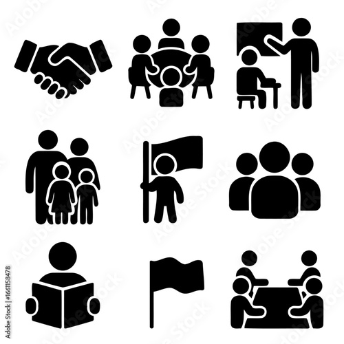 Symbolic Representation of Social Interaction: An array of stylized graphic icons illustrates various aspects of community engagement, teamwork, education, and leadership in a symbolic way.