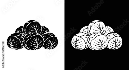 A bold black and white graphic illustration of a pile of cabbages, shown in both positive and negative space.
