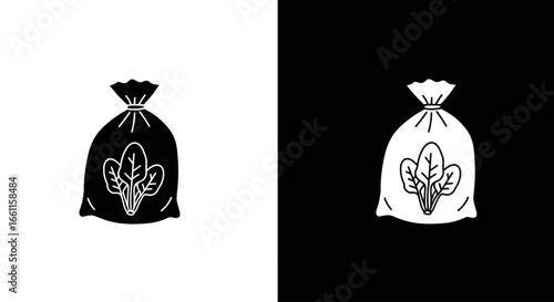 A set of two icons, black on white and white on black, depicting a tied plastic bag of fresh leafy greens like spinach or lettuce.