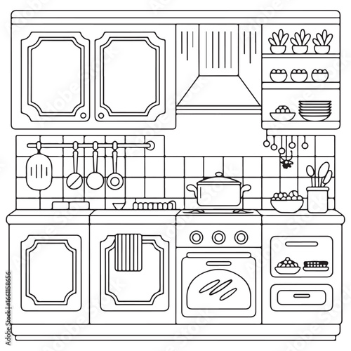Modern Kitchen with Appliances, Shelves, and Pots - Fun and Creative Art for Kids