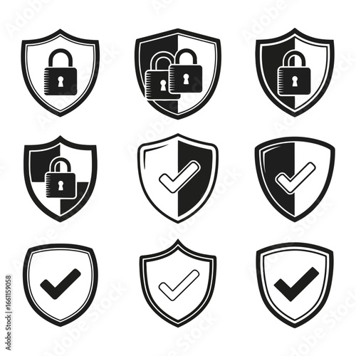 Security Shield Icons: Padlock and Checkmark Symbols, Black and White, Vector Graphics for Data Protection and Cybersecurity Concepts.