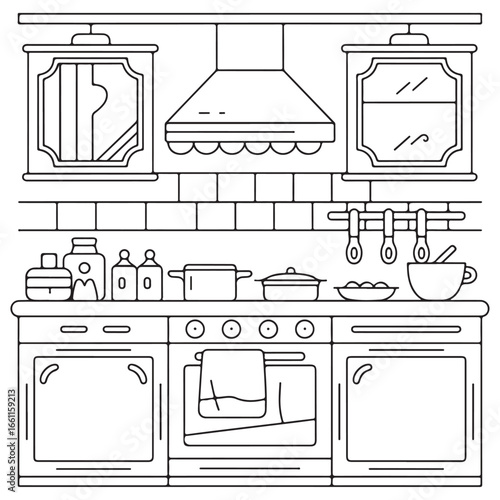 Stylish Kitchen Interior with Cooking Appliances and Shelves - Kids' Kitchen Art