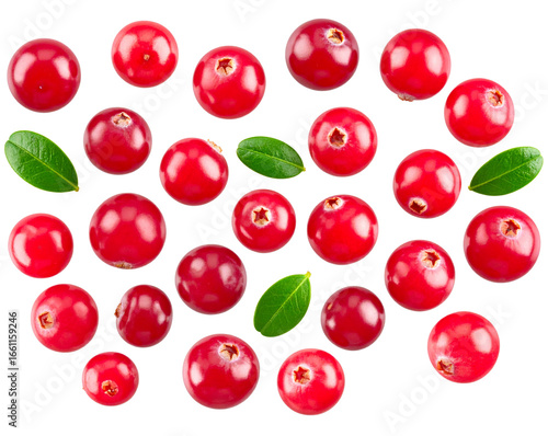 Cranberries with Green Leaves, scattered composition, isolated on transparent background PNG