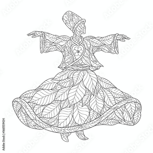 Whirling Dervish Dancer in Ornate Leaf Costume Illustration.