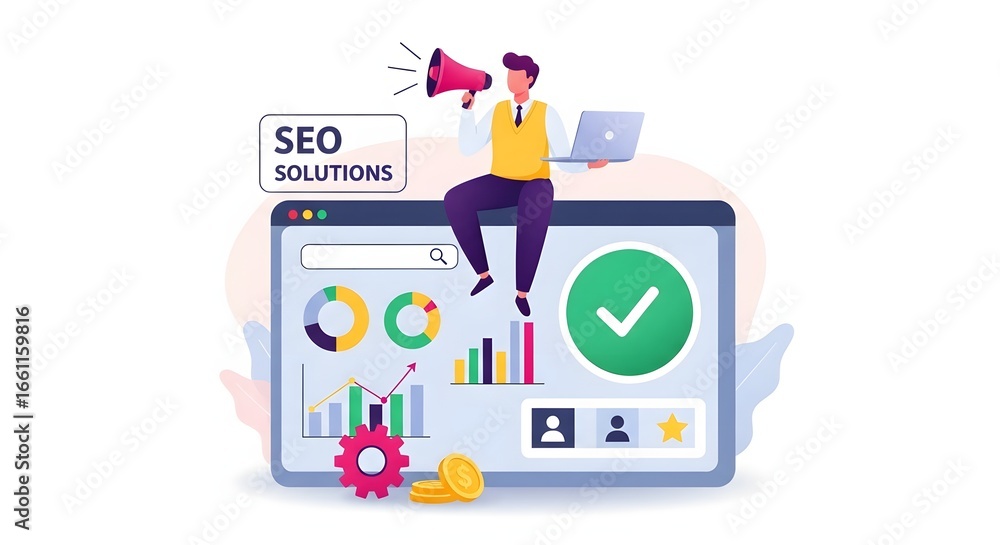 Fototapeta premium Man with megaphone on computer screen with seo analytics and growth charts