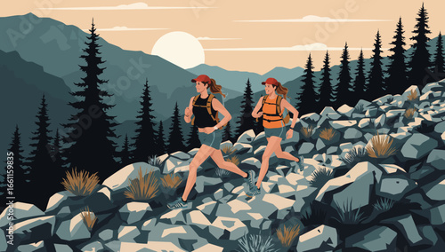 Two women trail running on rocky terrain with mountain backdrop at sunset