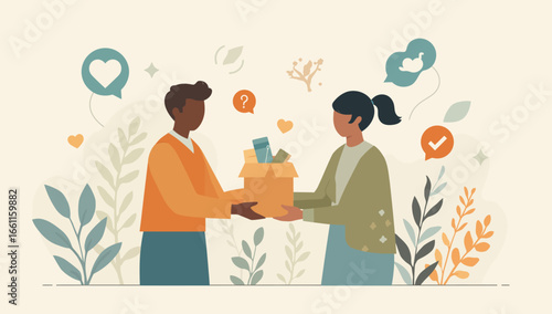Two people exchanging a box filled with items, surrounded by symbolic icons