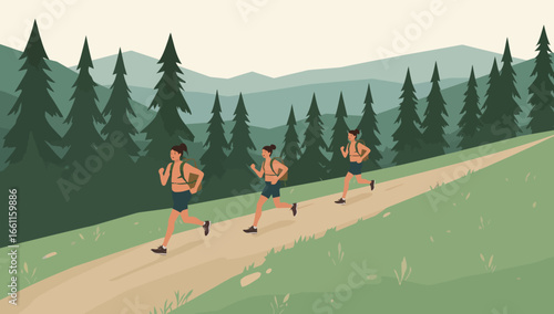Three Runners with Backpacks on Mountain Trail