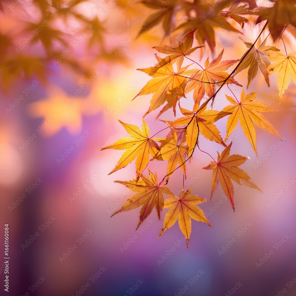 Golden maple leaves hang delicately on a branch with a soft, colorful blurred background, capturing the beauty of autumn Golden maple leaves hang delicately on a branch with a soft, colorful blurred background, capturing the beauty of autumn
