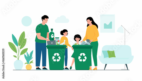 Family Sorting Recycling Waste in a Home Environment