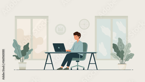 Focused Young Man Working on Laptop in Modern Home Office