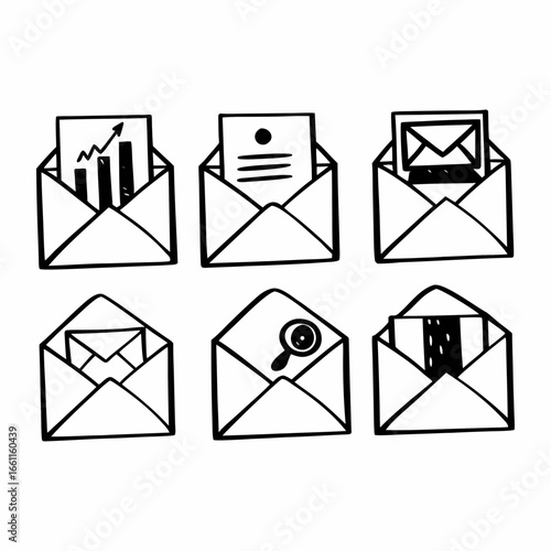 Hand drawn envelopes with different content isolated on white background, including chart and magnifier