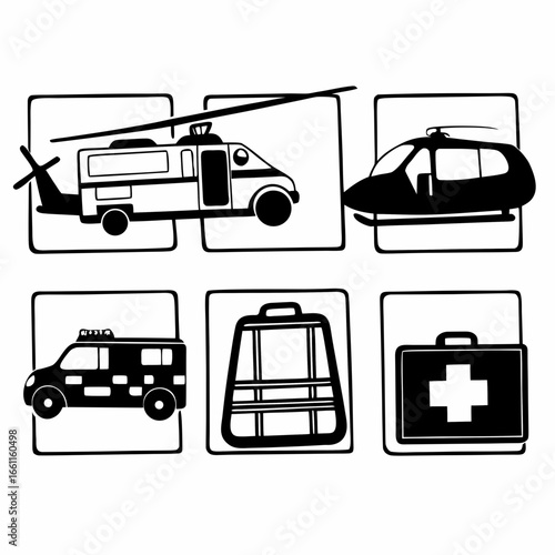 Emergency and medical service vehicles and equipment icons isolated on white background