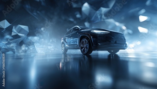 Sleek black SUV in a futuristic, icy environment