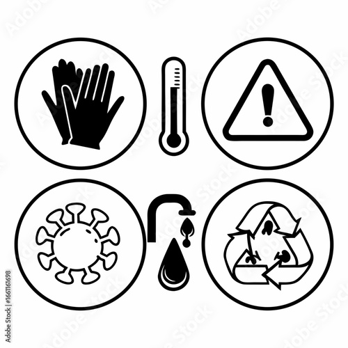 Set of hygiene icons isolated on white background, including gloves, thermometer, and recycle symbol
