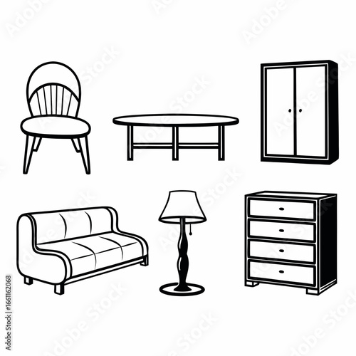 Illustration of chair, table, wardrobe, sofa and lamp isolated on white background