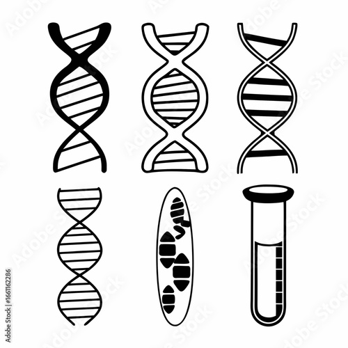 Illustration of dna, cells, and test tubes isolated on white background, representing genetic research