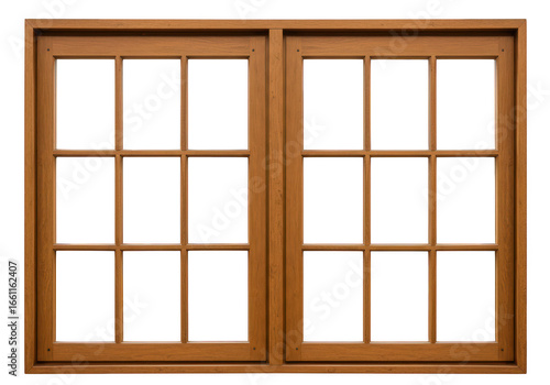 Double wooden framed window with multiple panes isolated on transparent background