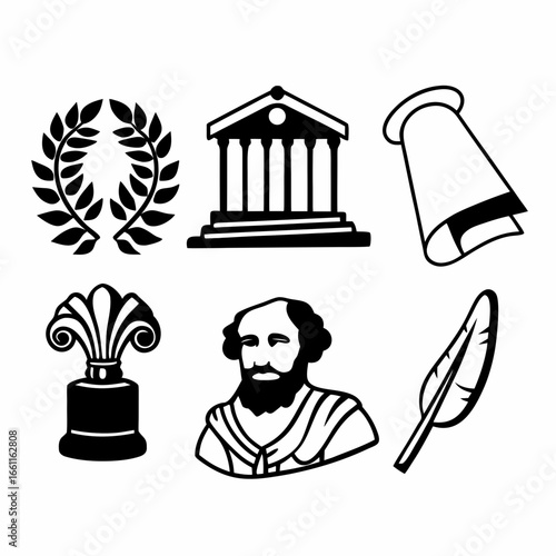 Illustration of classical and literary symbols isolated on white background