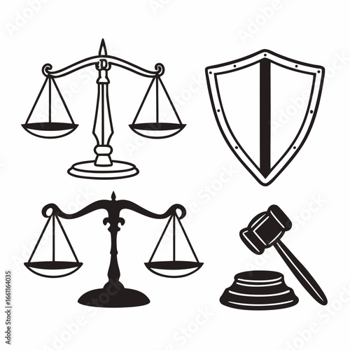 Scales, gavel and shield isolated on white background