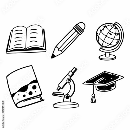 Illustration of education and science icons including book, pencil, globe isolated on white background