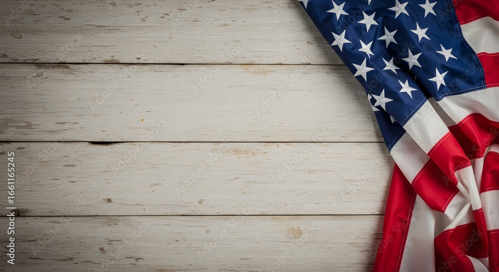 Naklejka premium American flag draped over weathered wooden surface with stars and stripes
