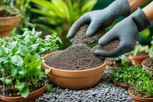 Gardening Enthusiast Preparing Soil for Plants in Home Garden During Daylight...