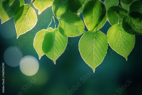 Lush Green Leaves Glistening in Soft Sunlight at a Serene Forest in Summer Af...