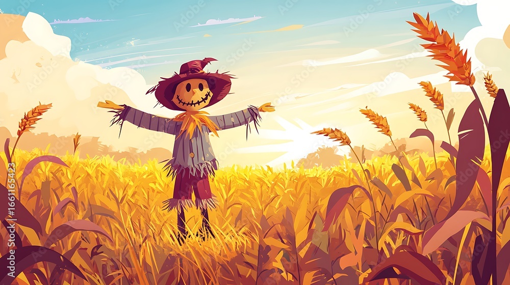 Fototapeta premium Friendly scarecrow in a golden wheat field