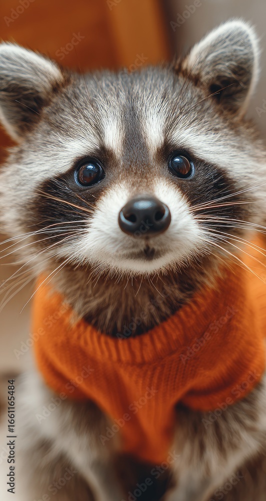 Obraz premium Adorable raccoon wearing orange sweater, close up