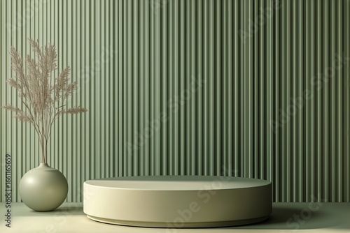 Modern Minimalist Decor With Round Table and Decorative Vase in Soft Green Tones