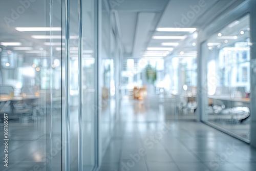 Blurred modern office hallway with glass walls