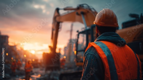 Construction worker observing a large excavator at sunset over a demolition site