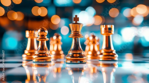 Golden Chessboard Strategy: Exquisite golden chess pieces are arranged on a checkerboard, showcasing strategic brilliance with blurred background.