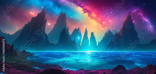Vibrant Fantasy Landscape with Aurora Sky and Alien Mountains