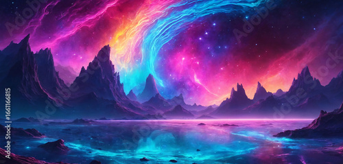 Vibrant Fantasy Landscape with Aurora Sky and Alien Mountains
