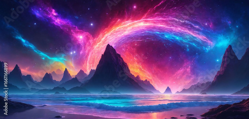 Vibrant Fantasy Landscape with Aurora Sky and Alien Mountains
