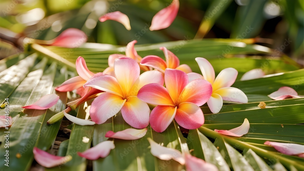 Fototapeta premium Close-Up to Wide View of Onam Flowers on Palm Leaves in Tropical Garden,generative ai 