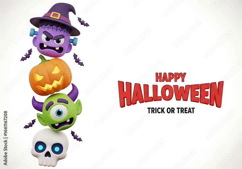 Fototapeta premium Stack of cute halloween monsters and pumpkin with happy halloween text