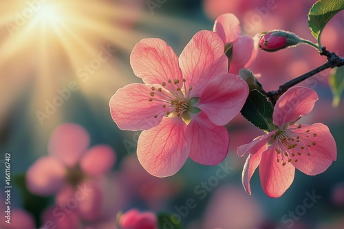Beautiful Cherry Blossoms Bloom Under Warm Sunlight in a Tranquil Garden Setting